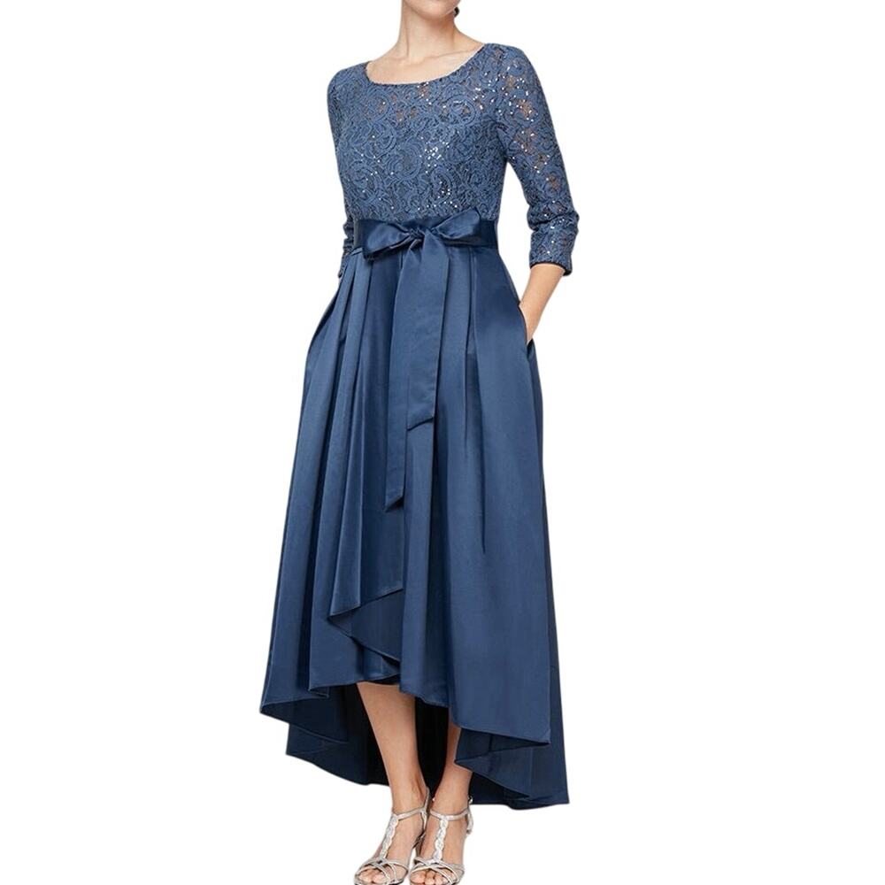 Alex Evenings | Dresses | Alex Evenings Sequin Lace Party Dress Satin Skirt  Ribbon Belt Navy Blue 8 | Poshmark